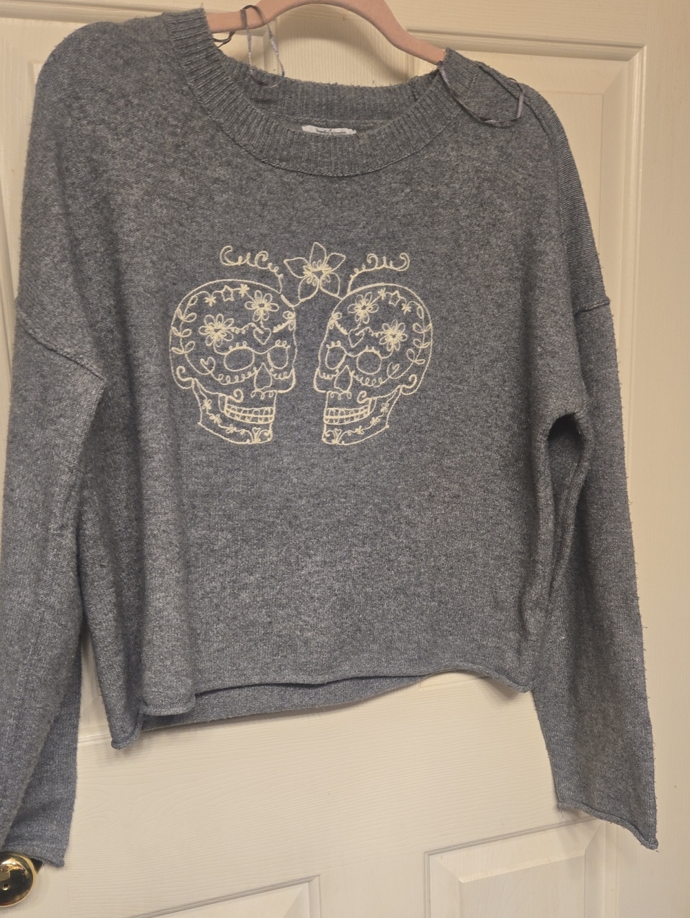 Haute Hippie Gray Crewneck Sweater with Cream Skull Embroidery